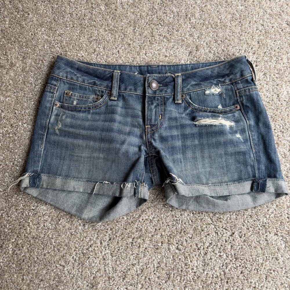 Y2K American Eagle Denim Cutoff Micro Mini Shorts Womens 0 Distressed Cuffed